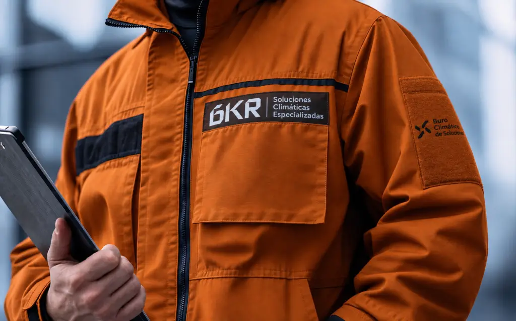 Chaqueta de trabajo naranja con logotipo marcado en DTF