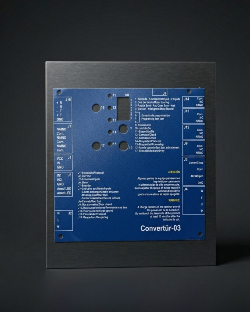 Carátula azul de vinilo de alta resistencia con valores e indicaciones técnicas montada en el panel de una máquina