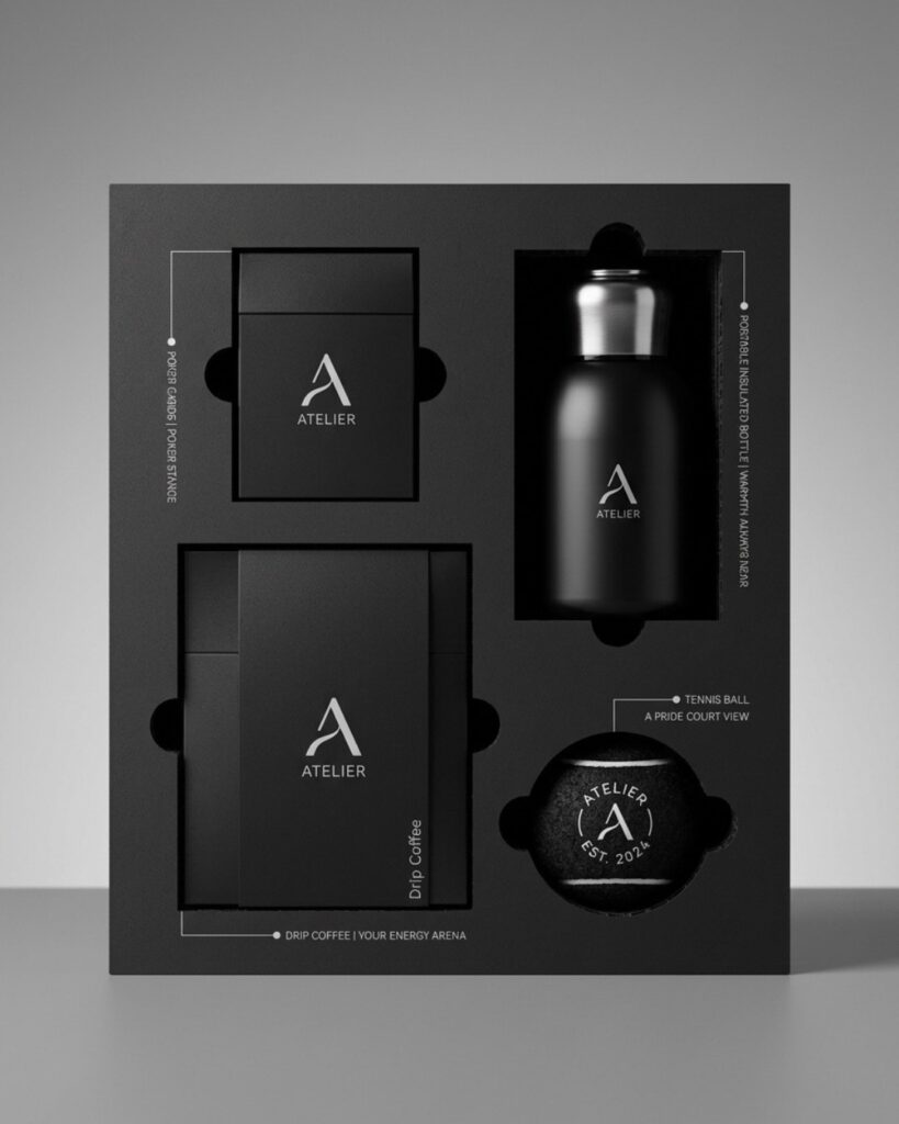 Pack de bienvenida para academia de tenis con artículos personalizados en caja negra