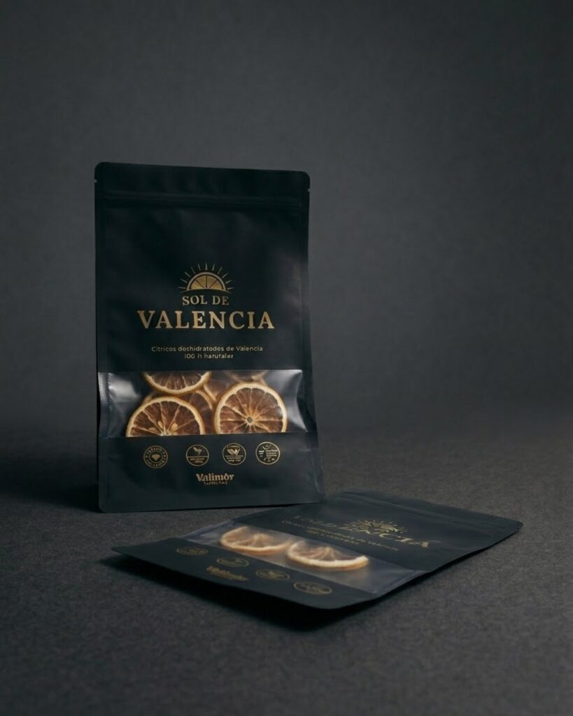 Bolsas doypack negras personalizadas para fruta deshidratada de Valencia