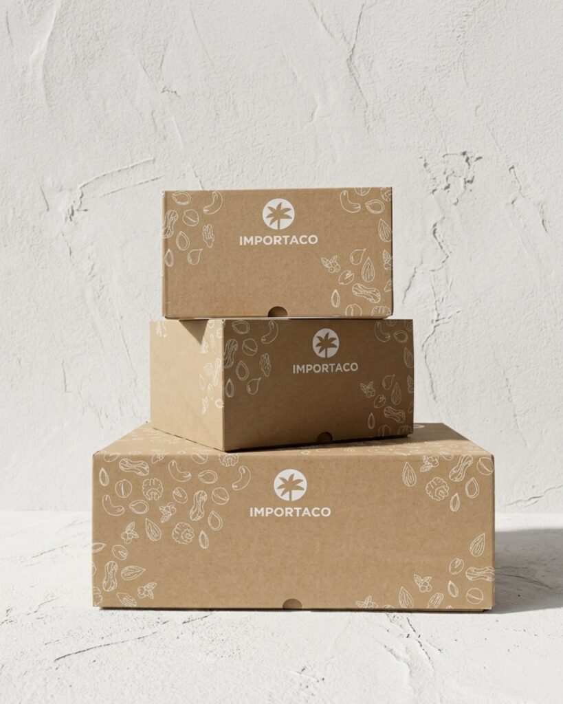 Cajas de cartón kraft apiladas con logotipo de palmera serigrafiado