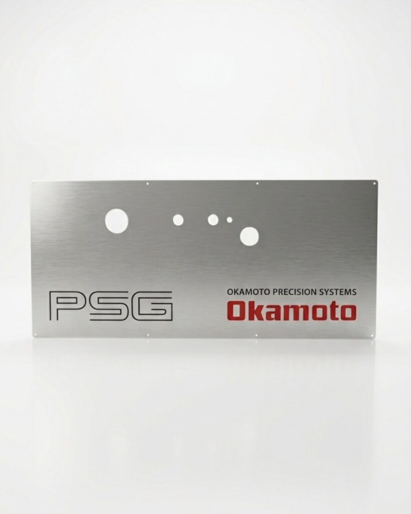 Panel de aluminio mecanizado con logotipos e indicaciones técnicas marcados en gris y rojo