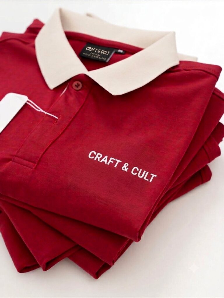 Polos corporativos de ropa laboral doblados con el logotipo marcado en el pecho