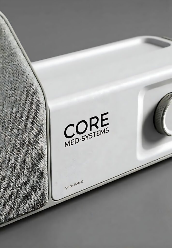Carcasa blanca de un equipo médico con logotipo serigrafiado en negro junto a la rejilla del altavoz