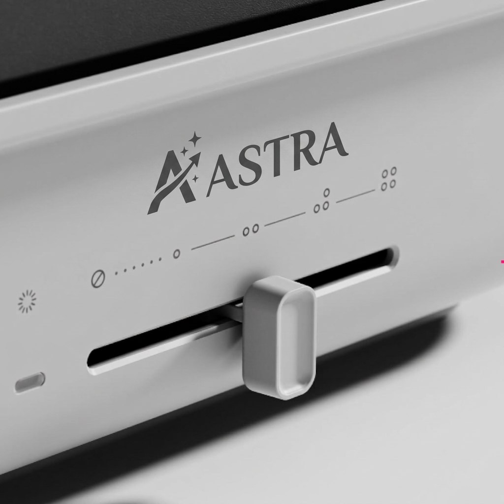 Frontal de plástico blanco de un equipo industrial con logotipo e indicaciones serigrafiados en gris